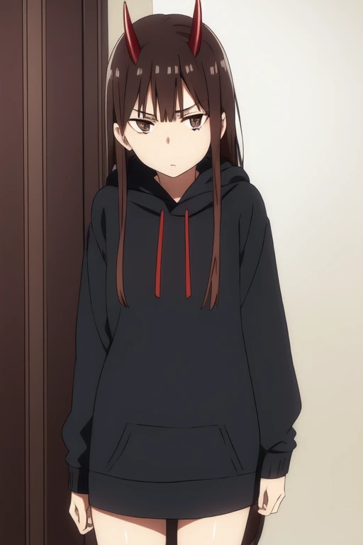 Horikoshi Kouhei, 1 girl, brown hair, brown eyes, cute eyes,long hair, serious, black devil horns.