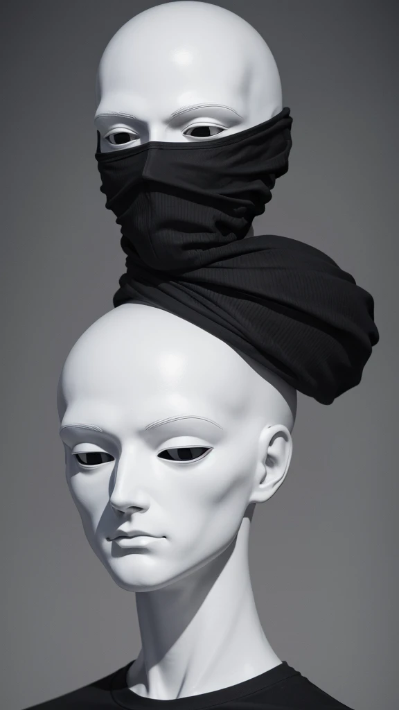 there is a mannequin wearing a black shirt with a white logo, creepy mannequin, he has an elongated head shape, surreal alien ribbed white fruit, twisted god with no face, well detailed head with led eyes, head and bust only, no face mask, ribbed man face portrait, gigantic man head, full subject shown in photo, head fully visible
2
there is a mannequin wearing a black shirt with a white logo, a surrealist sculpture by Jaakko Mattila, reddit, new sculpture, creepy mannequin, he has an elongated head shape, surreal alien ribbed white fruit, twisted god with no face, well detailed head with led eyes, head and bust only, no face mask, ribbed man face portrait
