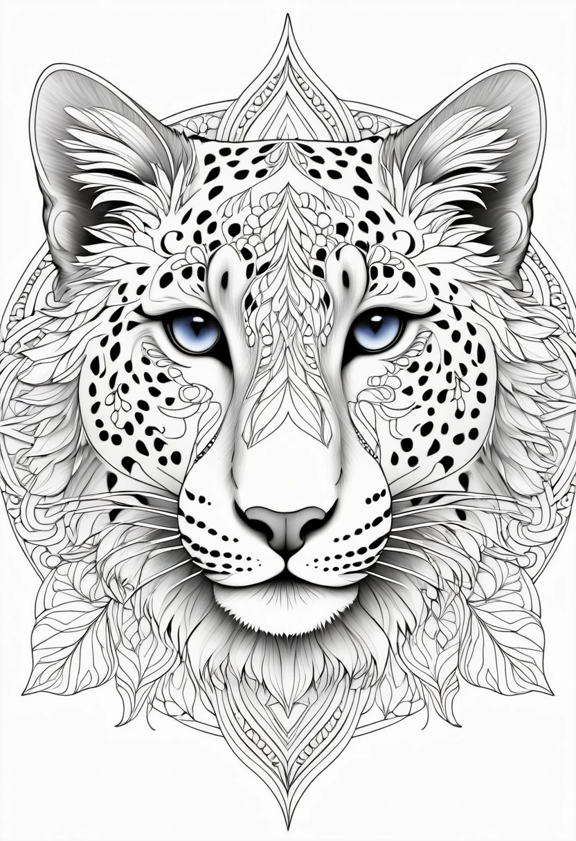 A striking black and white line art coloring page designed for adults with white background, featuring a majestic Snow Leopard in a mandala-inspired style. The Snow Leopard is adorned with intricate patterns that include floral and geometric designs, making it an engaging and detailed work of art. The illustration focuses on crisp, clean lines and bold outlines, without any shading or color, allowing the user to bring their own vibrancy to the piece. The minimalistic design, with its thick lines and absence of background details, creates a soothing coloring experience for adults seeking calming and creative activities. illustration