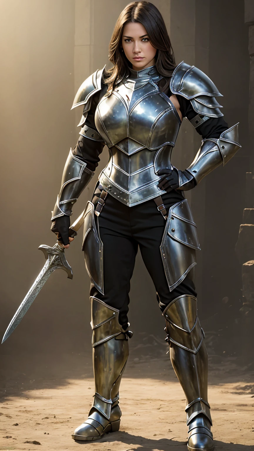 ((Full body photo, standing, feet on the floor))best quality,ultra-detailed,highres,realistic,fantasy style,full body shot,female adventurer,huge,muscular physique,dark steel armor,armored pants,armored boots,short hair,beautiful detailed eyes,strong and determined expression,sharp-edged sword in hand,standing tall,masculine pose,facing the viewer,field background,vibrant colors,soft sunlight illuminating the scene