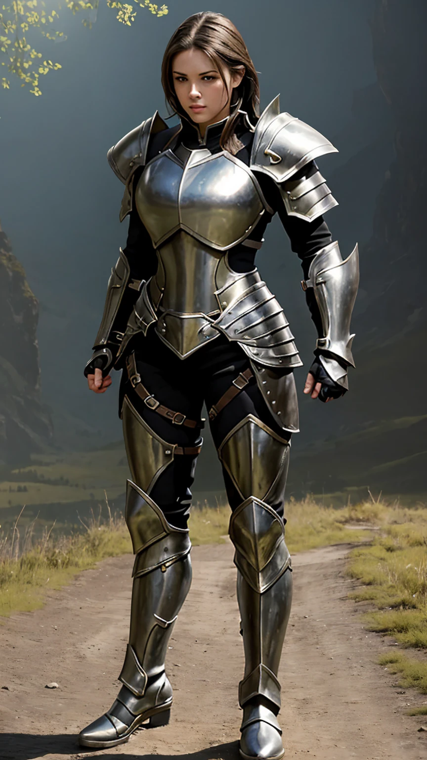 ((Full body photo, standing, feet on the floor))best quality,ultra-detailed,highres,realistic,fantasy style,full body shot,female adventurer,huge,muscular physique,dark steel armor,armored pants,armored boots,short hair,beautiful detailed eyes,strong and determined expression,sharp-edged sword in hand,standing tall,masculine pose,facing the viewer,field background,vibrant colors,soft sunlight illuminating the scene
