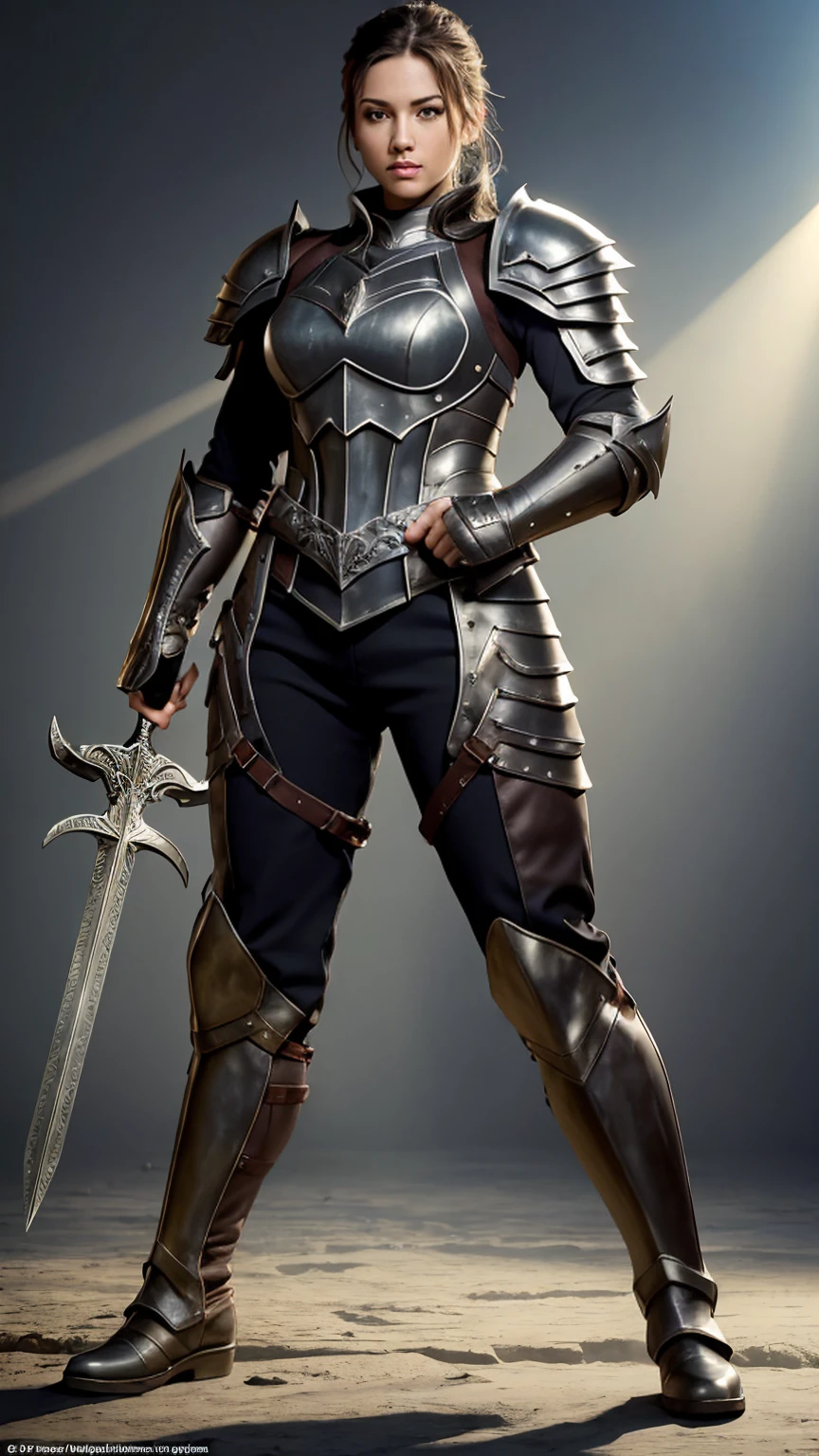((Full body photo, standing, feet on the floor))best quality,ultra-detailed,highres,realistic,fantasy style,full body shot,female adventurer,huge,muscular physique,dark steel armor,armored pants,armored boots,short hair,beautiful detailed eyes,strong and determined expression,sharp-edged sword in hand,standing tall,masculine pose,facing the viewer,field background,vibrant colors,soft sunlight illuminating the scene
