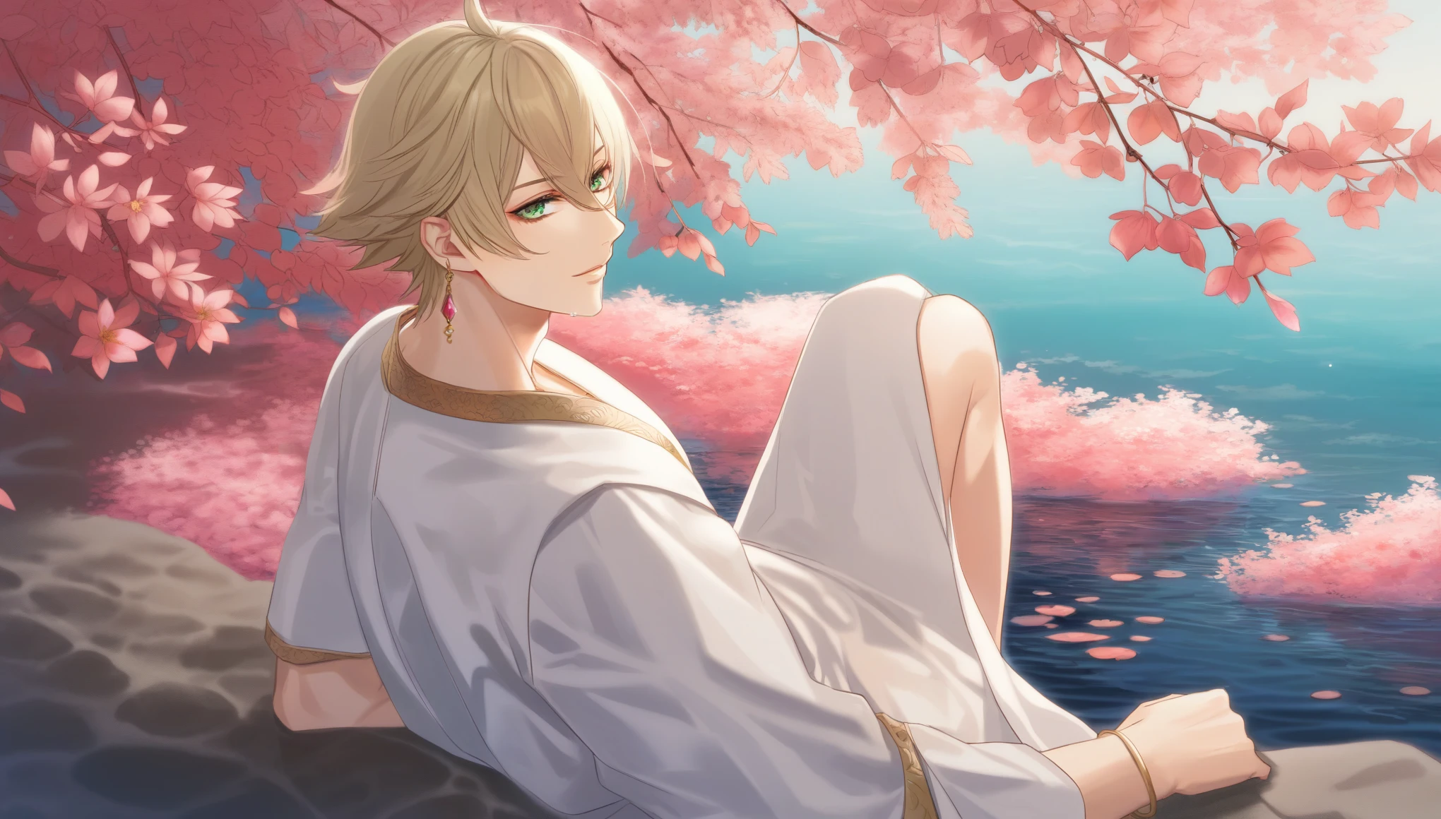 (absurd, highres, ultra detailed, HDR), masterpiece, best quality, perfect face, fine features, vivid green eyes, solo, male, handsome, detailed face, Taishakuten, ash blonde hair, hair between eyes, white tunic, chest, lotus earrings, onmyoji, pink petals, pink butterflies, sitting on the shore of a lake, looking at the water, perfect anatomy, athletic, light muscles,