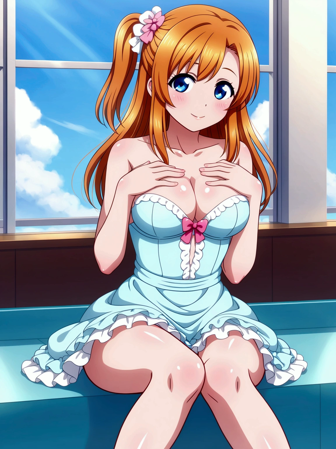 Masterpiece,best quality,Kousaka honoka, blue eyes, orange hair, looking_at_viewer, cowboy shot, cozy dress,in restaurant, cleavage , perfect shadow, beautiful,cozy, sitting ,hand on chest, frilly