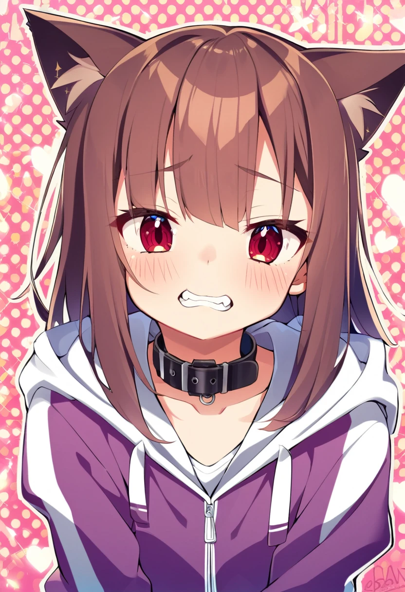 one girl, cat ears, naive, collar, hoodie, cute, girl is my pet, obedient, cute, 13 years old, cute double teeth