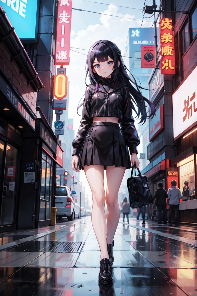 Anime girl standing on a city street wearing a leather skirt and black erotic underwear, Ilya Kuvshinov with long hair, Guviz style artwork, Anime Art Wallpapers 8K, Art Station「Pysif」Mr. Gwitz, ピシブArt Stationのグウィズ, Cyberpunk anime art