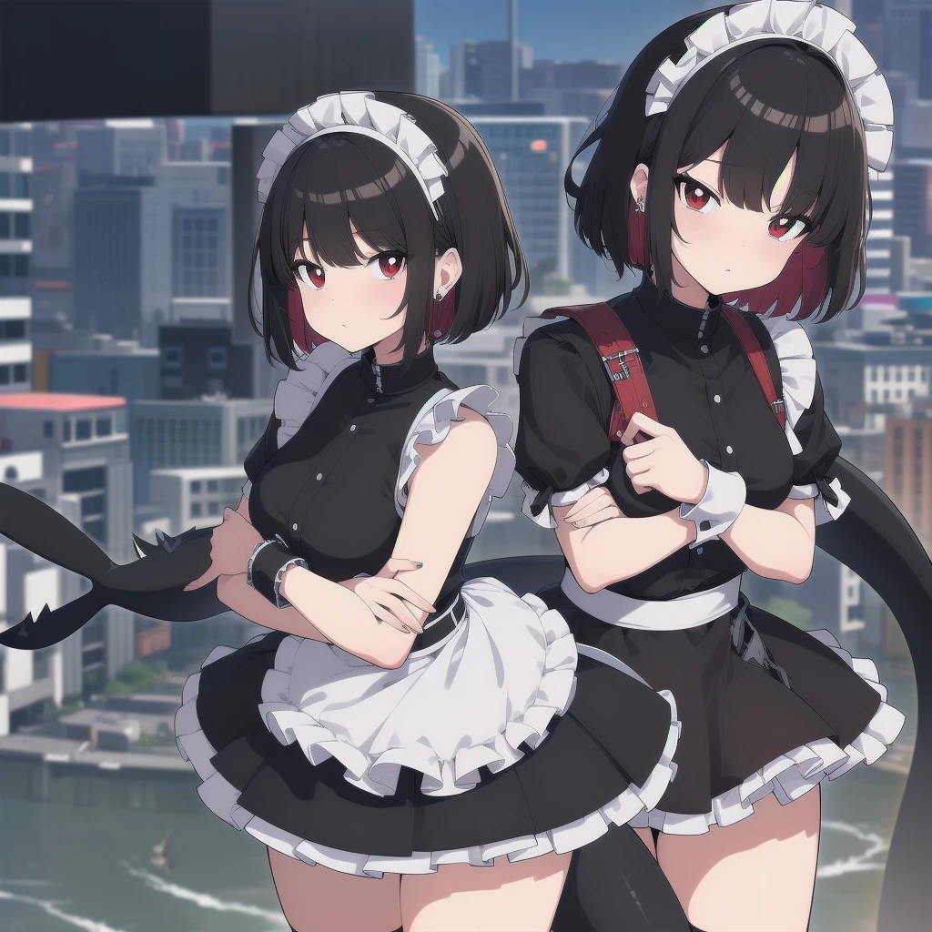 (cowboy shot), (ultra-high resolution, depth of field:1.2), Zenless Zone Zero, (Elen Joe:1.1),1woman, mature, black hair, short hair, inner color hair, (red eyes), medium breasts, crossed arms, maid dress, shark tail, maid apron, maid headdress, piercing, short sleeves, wrist cuffs, modern city scenery