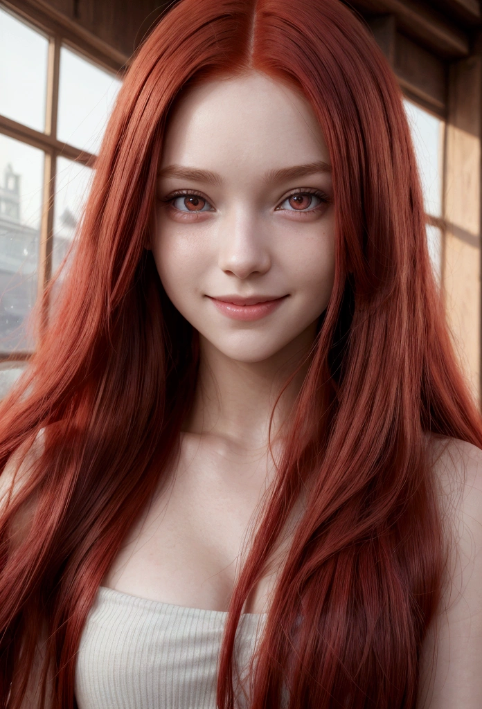 there is a girl with red eyes and red hair. she has long hair. Her eyes are big. She is smiling., 8k, high resolution, best qualityer, awardwinning, super detaill, anatomically correcte