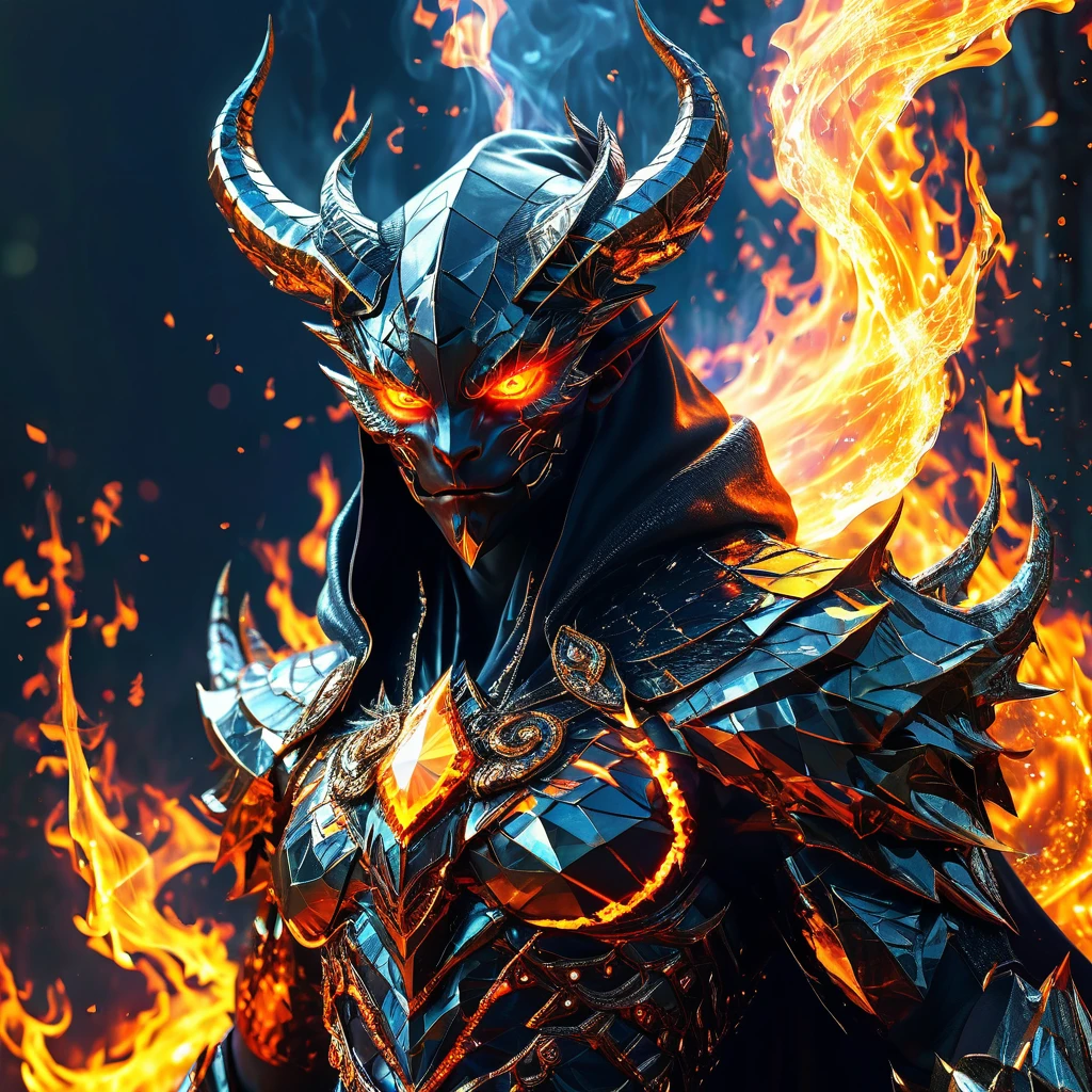 A diamond hooded demon god with eyes of fire, in error form, bug texture, informatica, hack, matrix, (((you can't see his face))), green matrix numbers background