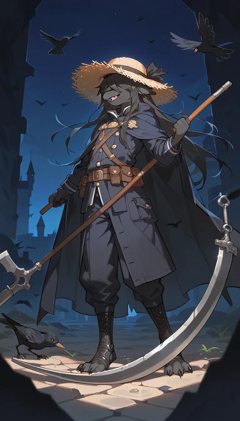 (femboy), crow, pitch black fur, big fluffy long hair, anthropomorphic crow, girly try body, furry bird legs, big black wizard-type straw hat, eyes covered, holding scythe, fantasy cloak straw outfit, navy cloak, nighttime, night, a broken castle in the background, Solo:1.5, solo focus, full body, combat-ready pose, attacking 