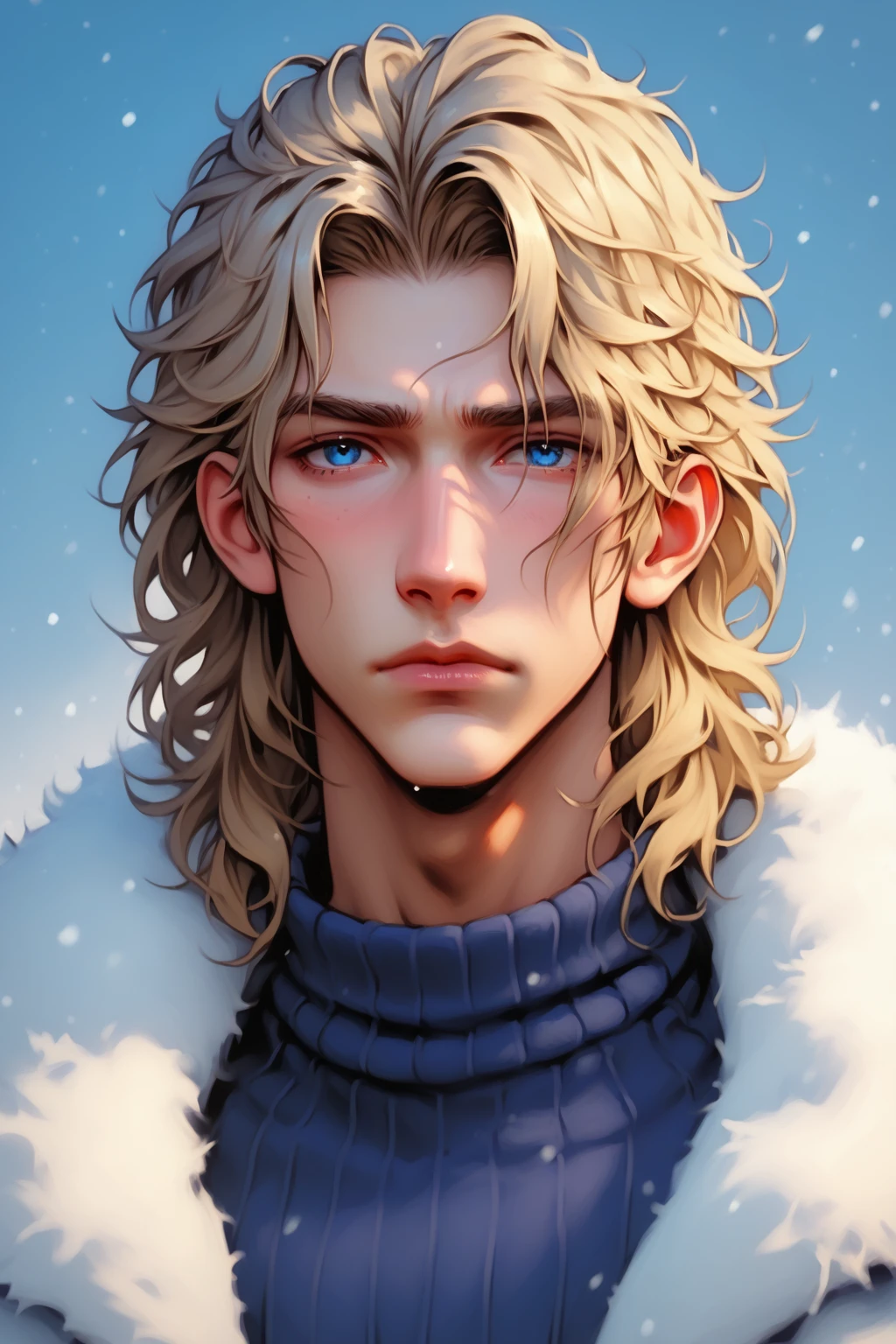 absurdities, High resolution, ultra detailed, HdR, masterpiece, Extremely detailed face and eyes, medium blonde hair, Messy bangs, bushy eyebrows, frown, very masculine face, male focus, expressive blue eyes, 1 man of 30 years, Without beard, without facial veil, white fur coat, blue winter sweater, toned chest, snowy background. Complete plan