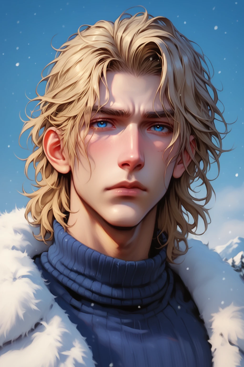 absurdities, High resolution, ultra detailed, HdR, masterpiece, Extremely detailed face and eyes, medium blonde hair, Messy bangs, bushy eyebrows, frown, very masculine face, male focus, expressive blue eyes, 1 man of 30 years, Without beard, without facial veil, white fur coat, blue winter sweater, toned chest, snowy background. Complete plan