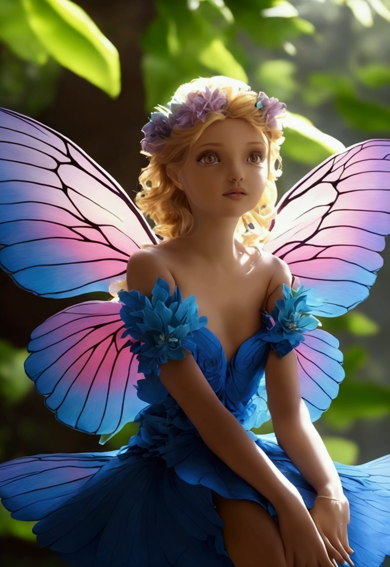 a picture of a jungle fairy, an extraordinary beautiful, elegant beauty, divine beautiful fairy, ((anatomically correct: 1.5)) spread butterfly wings, blue and purple wings, pink eyes, glowing eyes, (ultra detailed face: 1.2), best detailed face,  blond hair, rich hair, wavy hair, glamour dress, wild dress, dress decorated with jungle flowers,  sitting on massive heliconia tree the rain forest, sun rays coming through the trees, Hyperrealism style, vibrant, Ultra-high resolution, High Contrast, (masterpiece:1.5), highest quality, Best aesthetics), best details, best quality, highres, ultra wide angle, 16k, [ultra detailed], masterpiece, best quality, (extremely detailed) RAW, chumbasket art style, FairyTaleAI, fairy wings, Comistyle 