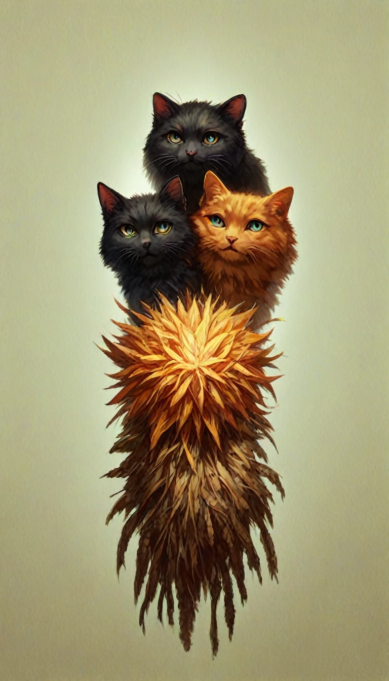 realistic anime style,makes two cats, one with orange fur and the other with black fur and the orange cat with the sun symbol and the black cat with the moon symbol with a sun background on the orange cat and the moon background on the black cat