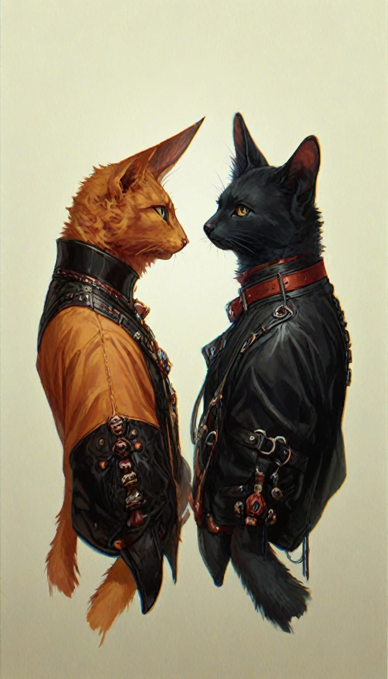 realistic anime style,makes two cats, one with orange fur and the other with black fur and the orange cat with the sun symbol and the black cat with the moon symbol with a sun background on the orange cat and the moon background on the black cat