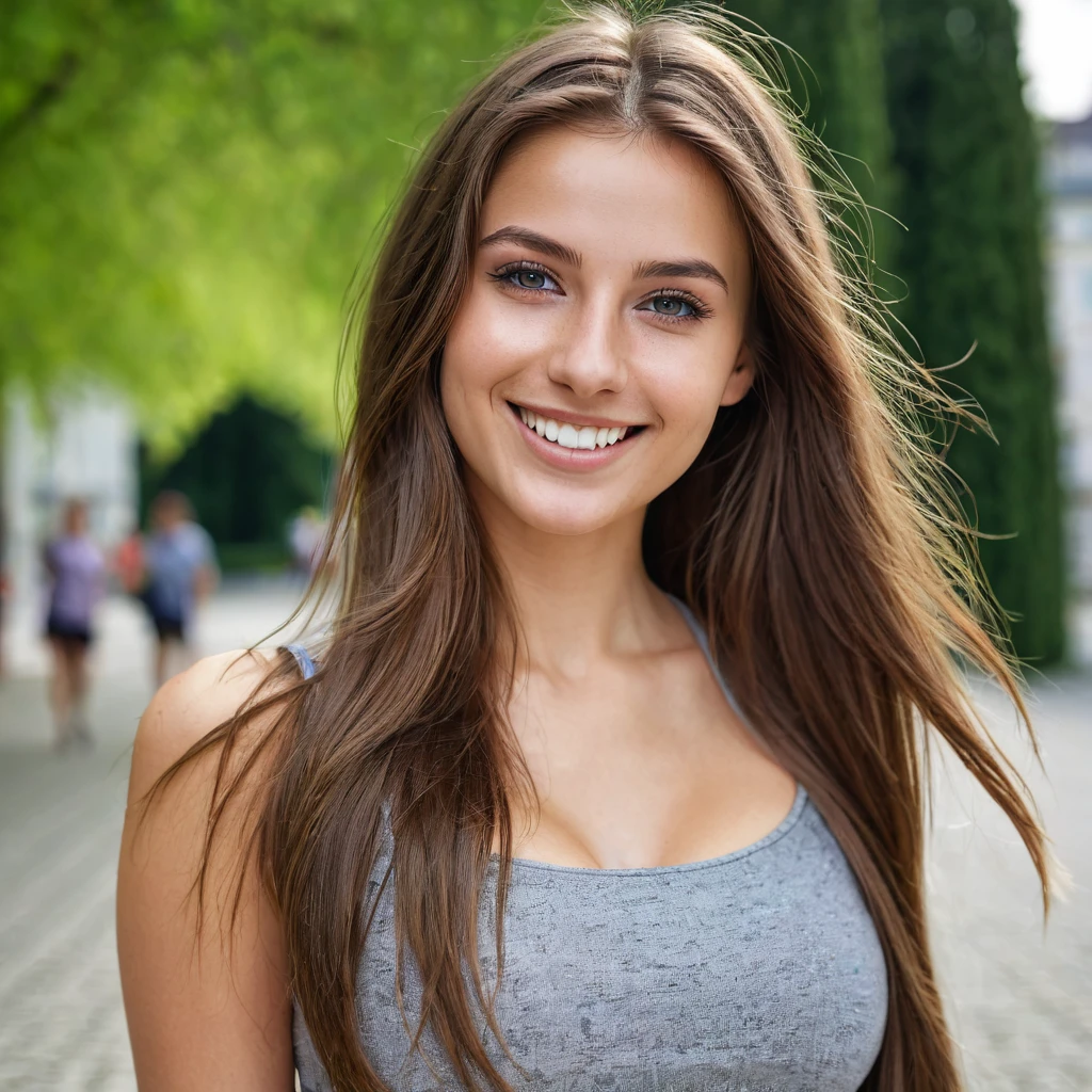 Extreme Beautiful woman from austria, realistic eyes, hyperrealistic face, slim face, long brown hair, 25 years old, model posing, special camera angle, sexy clothes, smiling, medium breasts, outside