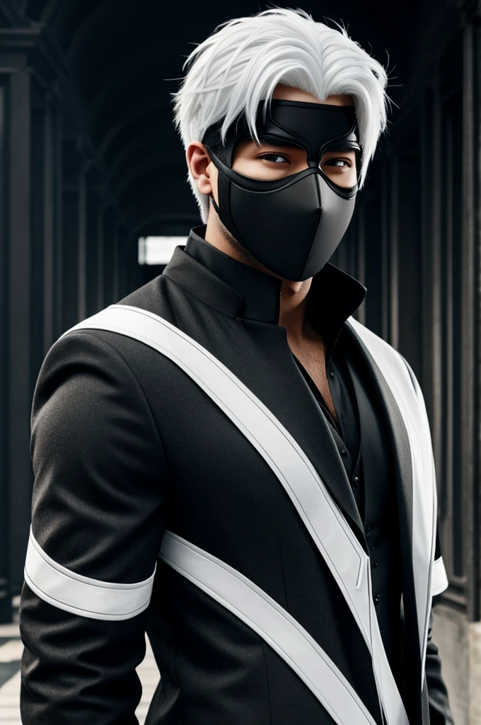 Male character with white hair and black mask 