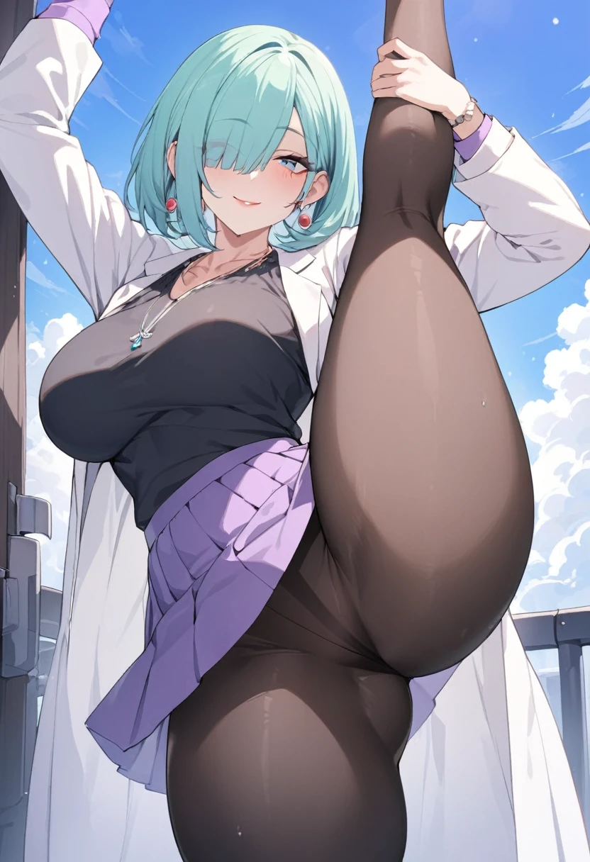 (masterpiece, best quality, high quality, highres, ultra-detailed), 1girl, bangs, bob cut, (bangs between eyes, hair cover one eye), blue eyes, (aqua hair), necklace, earrings, blue eyes, mature female, looking at viewer, mommy like body build, blue sky, older female, thick, red lipstick, thicc, medium breasts, extra wide hips, (black shirt, open white jacket, purple skirt, long black pantyhose, looking directly at viewer, standing), light smile, thick thighs, (standing split, standing_split), hand on leg