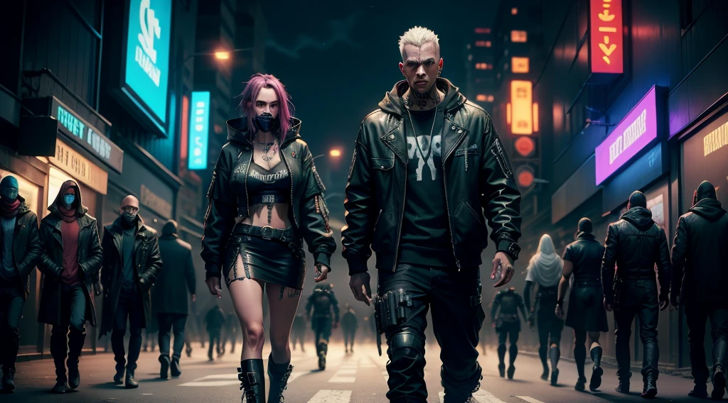 Cyberpunk, night city,large street Gang, multiple people,walking towards viewer