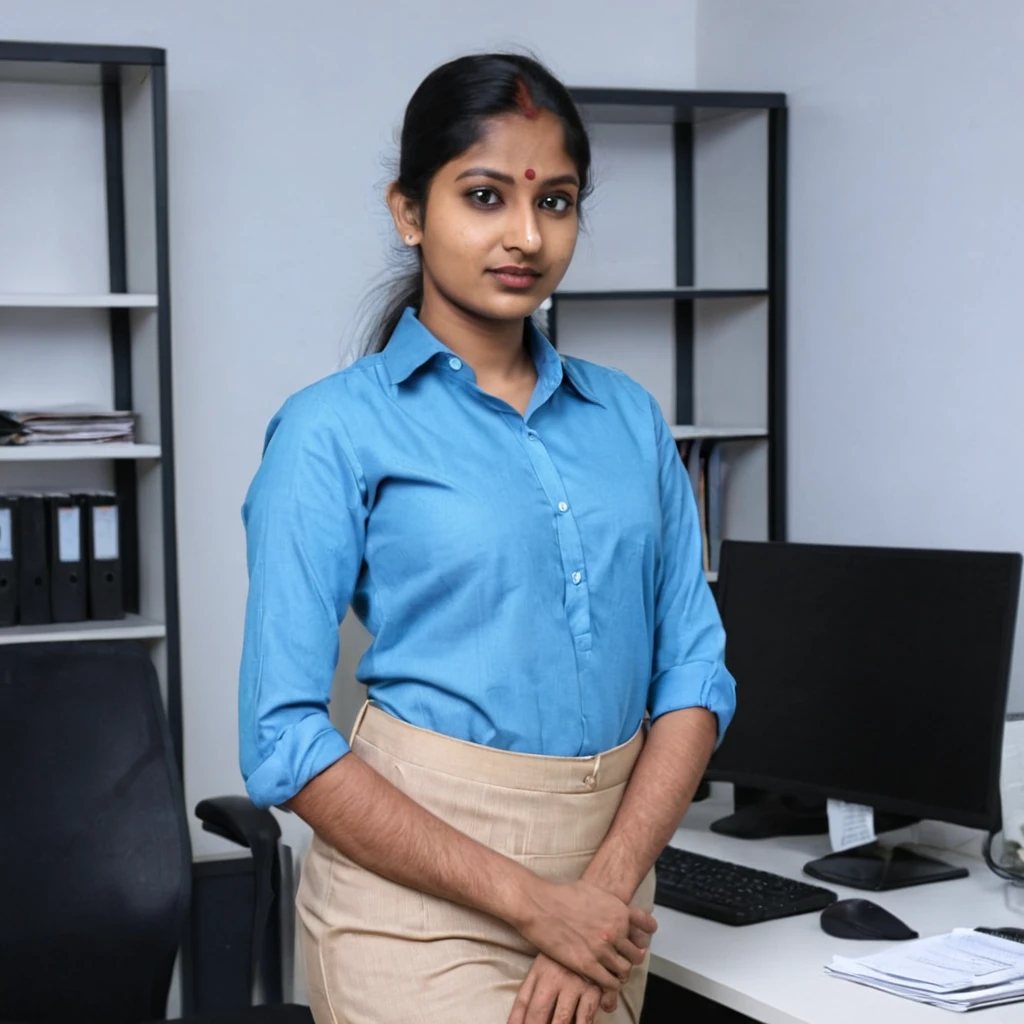 Bun hair Indian woman in blue shirt standing in office