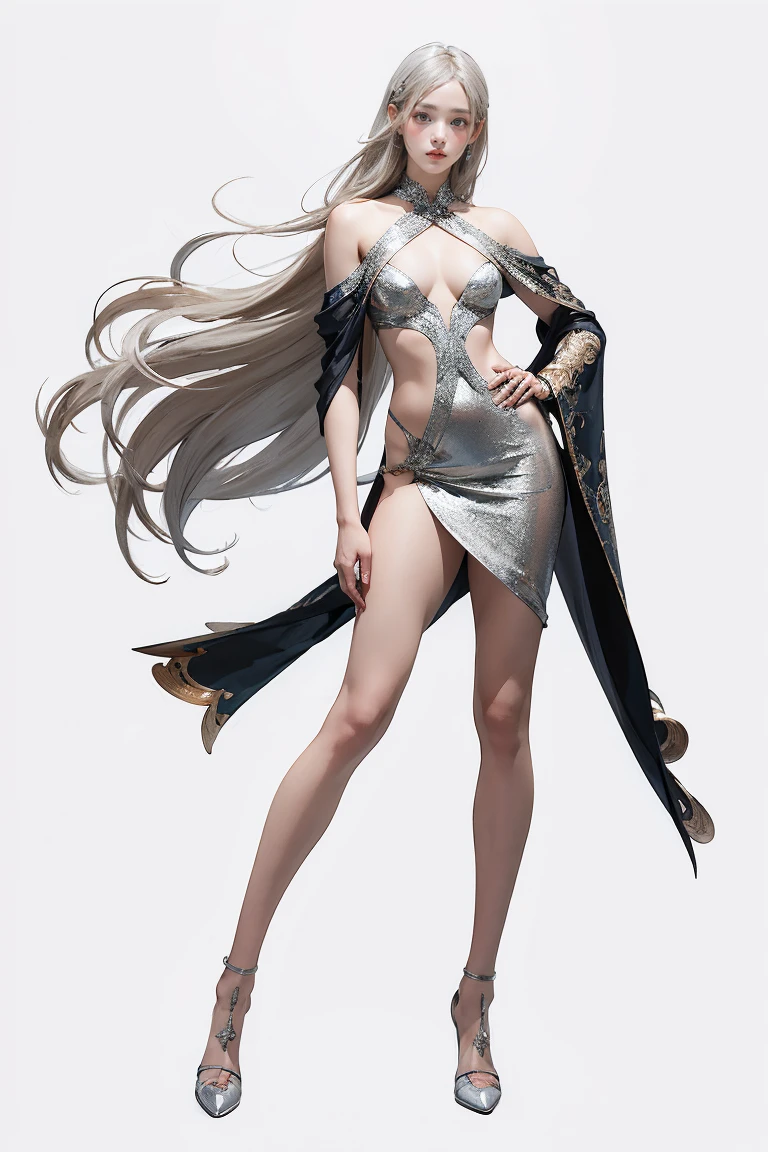 Master of animation, A perfect masterpiece, On a pure white background、Dressed in cool, sexy and modern clothes、Sexy mature modern woman standing, Flowing silver hair, Full Body Stand Posture, Thin legs, Straight chest, Detailed facial details, Natural and beautiful standing posture, Crisp and realistic body detail