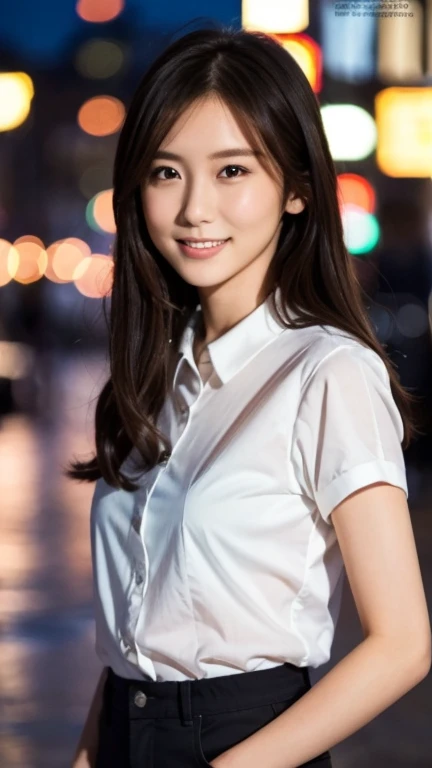 1 Girl, (Wearing a shirt:1.2), (Supercluster), Very beautiful Japanese idol portraits,
(RAW Photos, Highest quality), (Realistic, Realistic:1.4), (masterpiece),
Very delicate and beautiful, Very detailed, 2k wallpaper, wonderful, finely, Very detailed CG Unity 8K wallpaper, Very detailed, High resolution, Soft Light,
Beautiful detailed girl, Very detailed eyes and face, Beautiful and sophisticated nose, Beautiful and beautiful eyes, Cinema Lighting,
(Fashion magazine photography:1.3), (Outdoor), (night lighting), (Waterfront),
(Semi-long hair),
Complete Anatomy, Slender body, Small breasts, smile, open mouse, skinny pants,