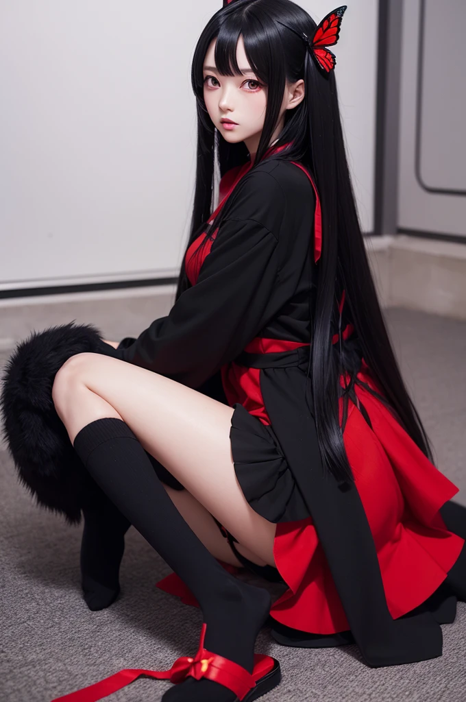 anime girl:long black hair muzan eyes red dress with opening on both legs black socks black slippers with red butterfly accessory, black on the edges and red on the rest