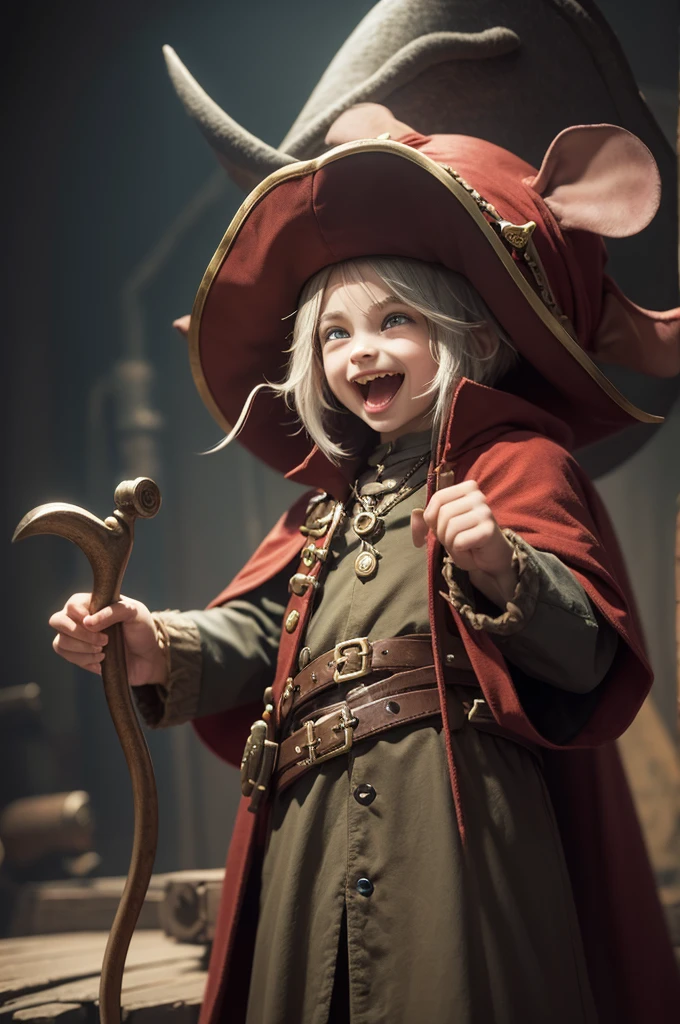 Character is a little animal mouse. Big wizard hat and pirate outfit. Big rat teeth.