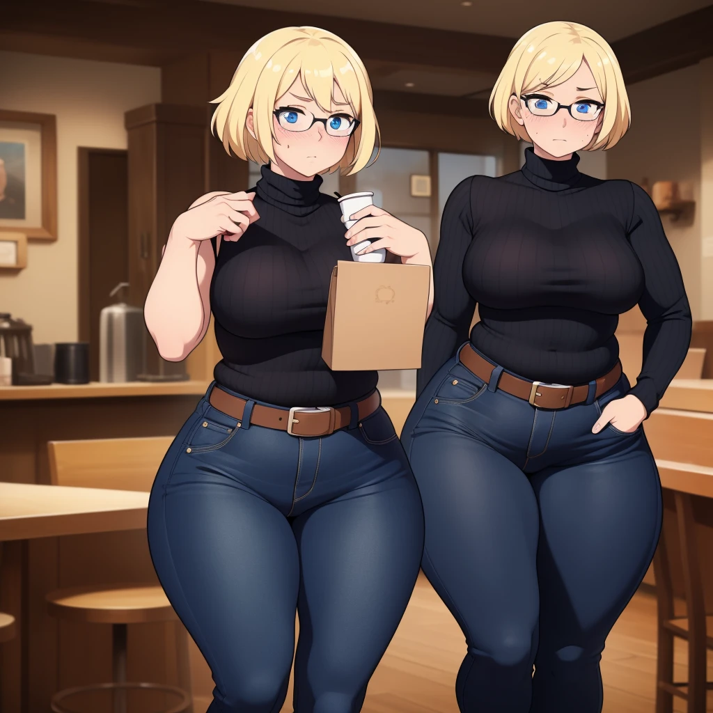 ((Masterpiece)), perfect anatomy, perfect shading, field of depth, (best quality), extremely delicate and beautiful, perfect lighting, detailed face, ultra cute face, cute, (cowboy shot 1.2), full body, (((1girl))), ((solo)), looking at viewer,

short hair, fluffy hair, blonde hair, blue eyes, Glasses, ((blush)), shy, nervous, (black turtleneck sweater 1.5), (jeans 1.2), belt, extremely tight clothes, medium breasts, ((wide hips)), ((thick thighs)), ((chubby)), belly bulge,

coffee shop, intricate background, detailed background,