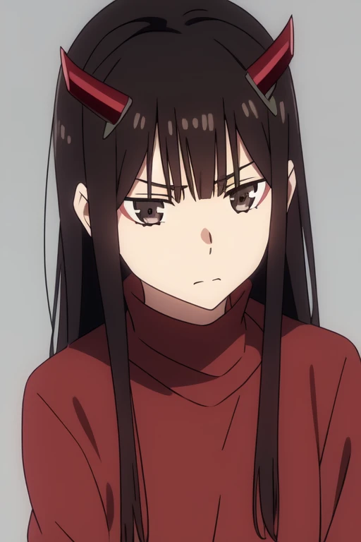 Horikoshi Kouhei, 1 girl, brown hair, brown eyes, cute eyes,long hair, serious, black devil horns.