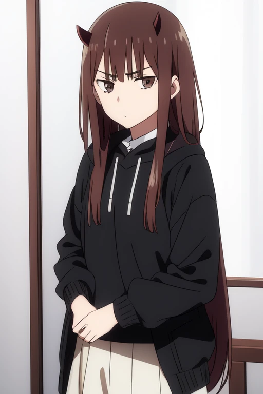 Horikoshi Kouhei, 1 girl, brown hair, brown eyes, cute eyes,long hair, serious, black devil horns.
