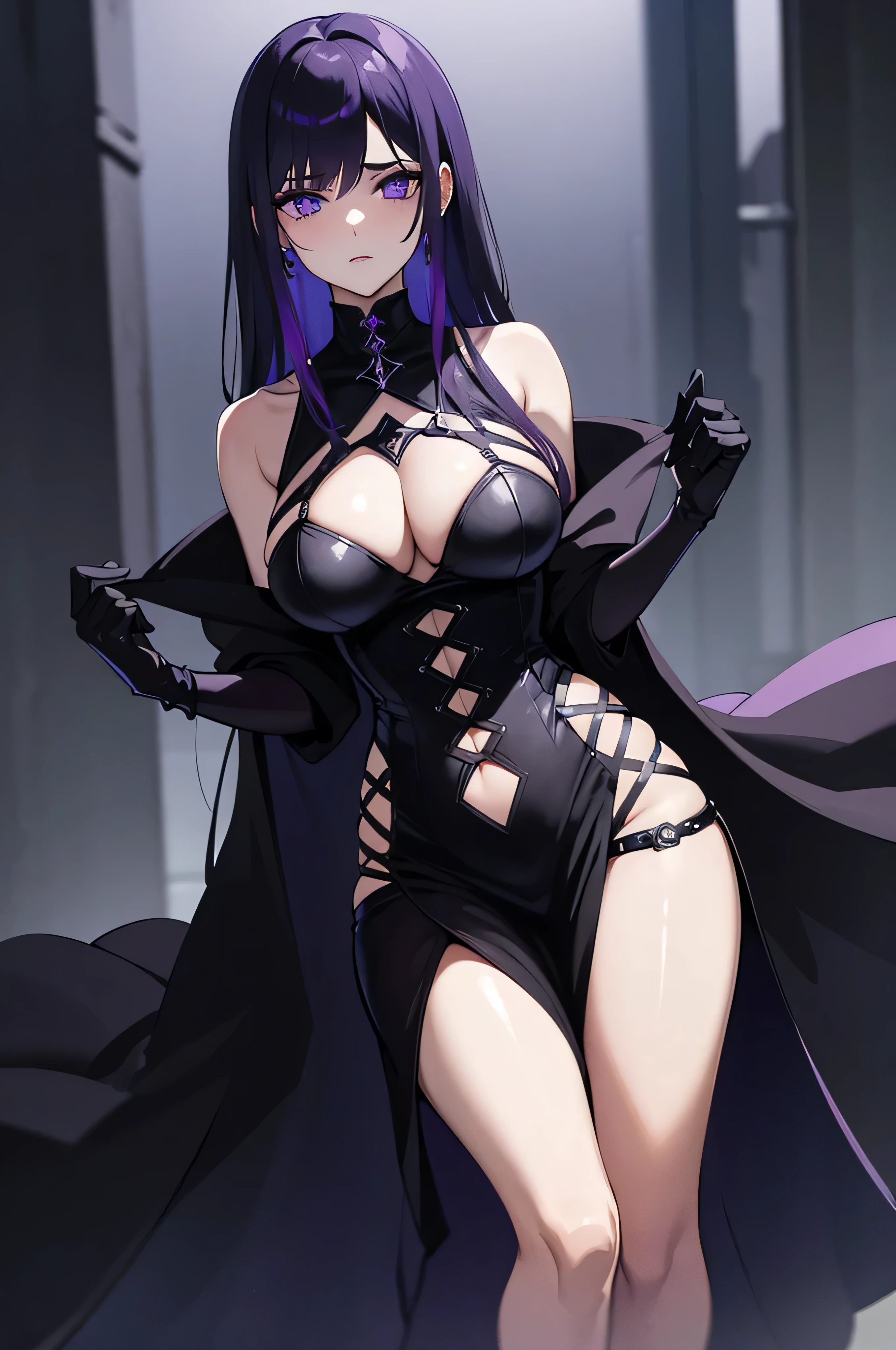 femme arafée dans une tenue noire et des cheveux violets assise sur le sol, séduisant cyberpunk dark fantasy, tendance sur artstation, ultra sexy, gros seins, hanche large, fesse rebondi, reine gothique sombre, violet et noir, fille gothique, belle succube, sorcière noire à la mode, cheveux violet foncé et cybernétique, noir et violet, style sombre et sensuel, succube en robe courte moulante, fille cyberpunk rêveuse, beau regard