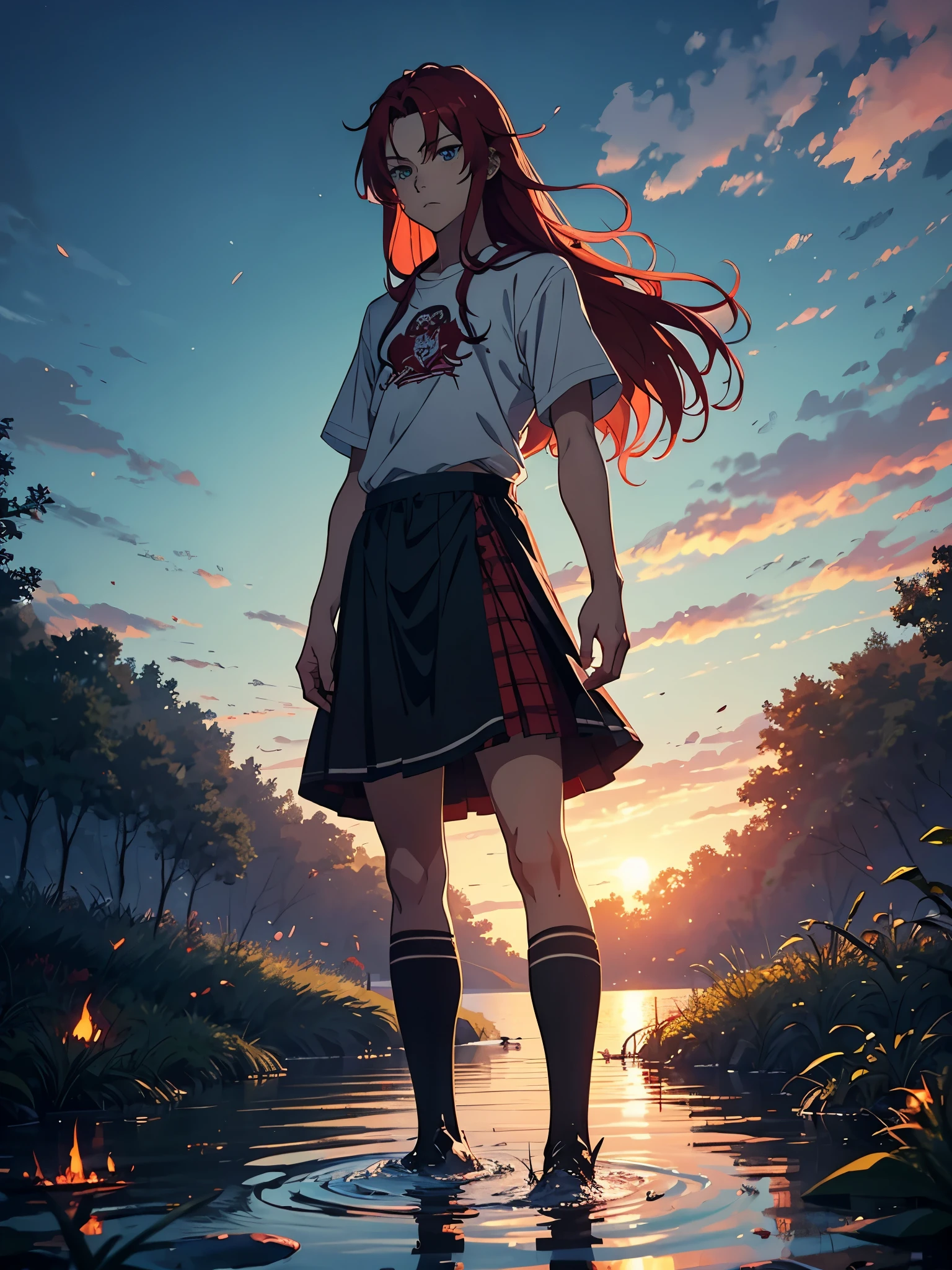 Boy in skirt. More anime style. blue flames. 2d. flatter. anime style. Viking clothing. soft. More anime. Standing in a lake. More anime. More 2d. Clean. More anime. 2d. Glow. Red hair. More anime. male. Long hair. long red hair. boy, vikings. red hair. Blue eyes. fire.