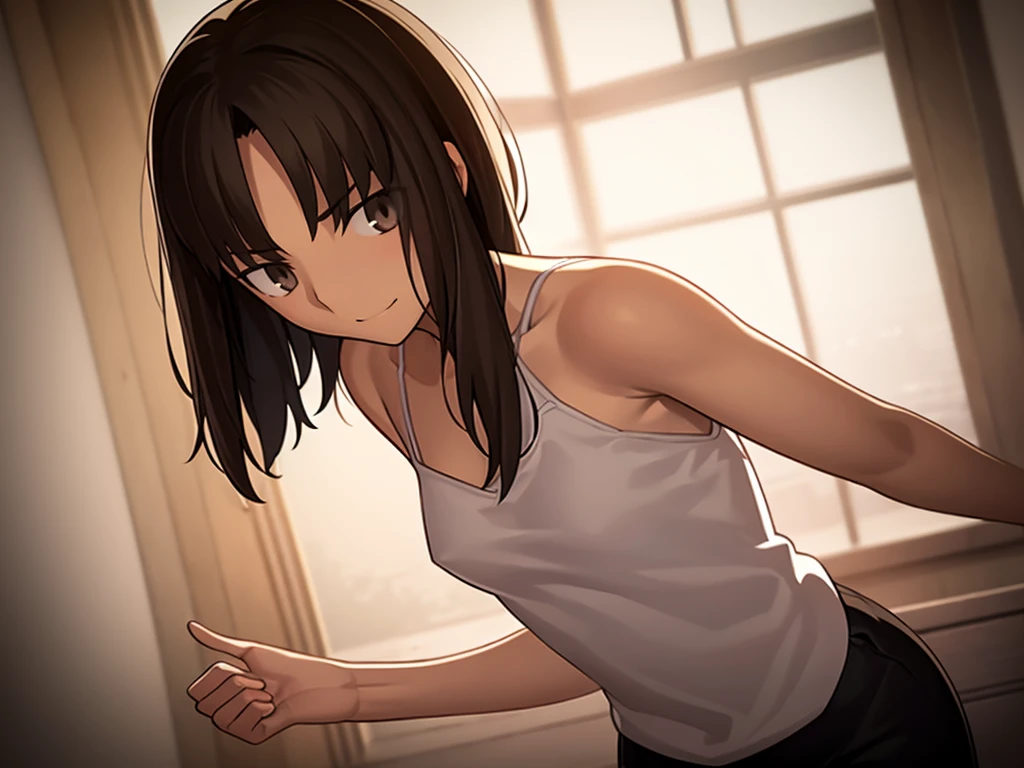 volumetric lighting, ambient lighting, highres, masterpiece, 8k, alone, one woman, melancholy, young adult, dark brown eyes, detailed dark brown hair, long greasy hair, tan skin, skinny, thick eyebrows, smirking, (wearing worn white camisole), side eye, small breasts, atletic body