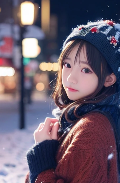 Masterpiece、Highest quality、Realistic photos、A cute -yeld Jaese idol、Slowly falling snow、Winter clothing、I pick up a small snowflake and stare at it thoughtfully.、((Night lights、fantasy)), I want to meet my boyfriend drama scene