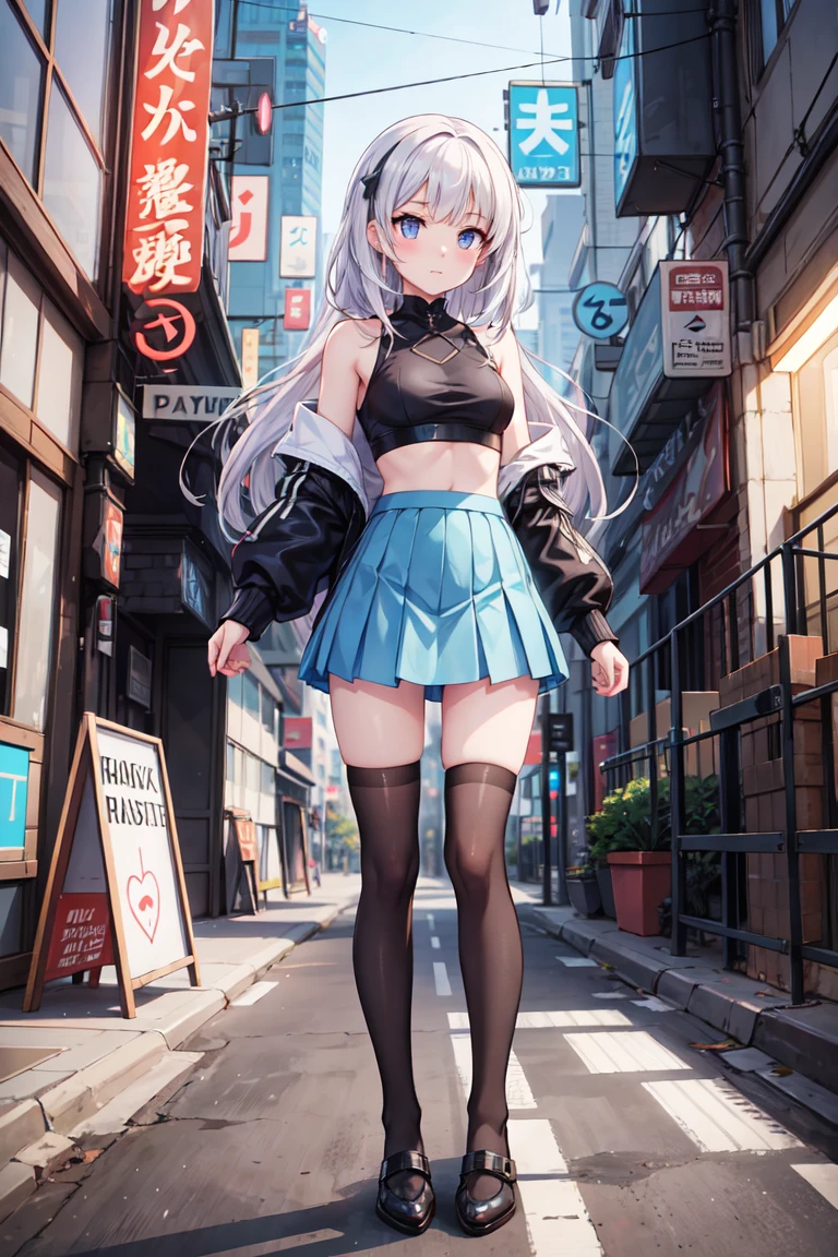 Anime girl standing on a city street wearing a short blue skirt, a skimpy top and black knee-high socks, Ilya Kuvshinov with long hair, Guviz style artwork, Anime Art Wallpapers 8K, Art Station「Pysif」Mr. Gwitz, ピシブArt Stationのグウィズ, Cyberpunk anime art