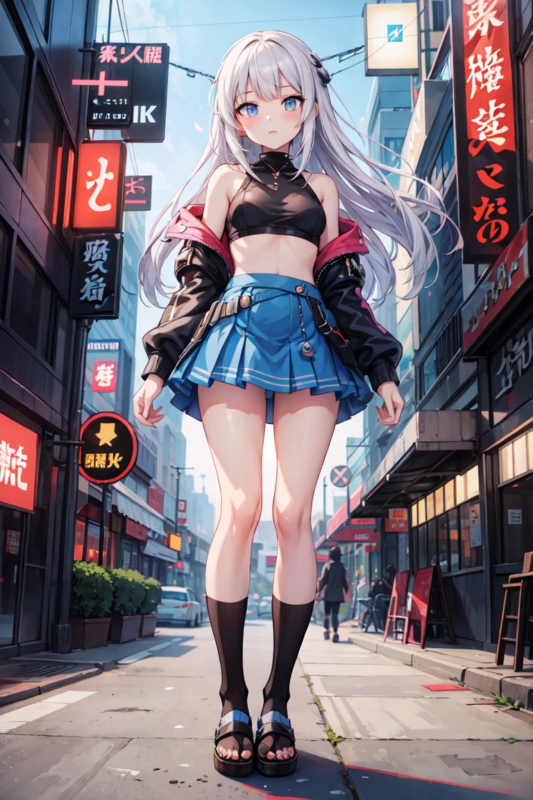Anime girl standing on a city street wearing a short blue skirt, a skimpy top and black knee-high socks, Ilya Kuvshinov with long hair, Guviz style artwork, Anime Art Wallpapers 8K, Art Station「Pysif」Mr. Gwitz, ピシブArt Stationのグウィズ, Cyberpunk anime art