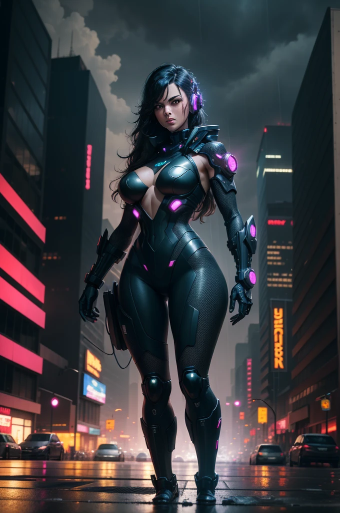 Amidst the pulsating heartbeat of a vibrant, nine-by-sixteen grid modern city, resembling Earth's iconic New York, cyberpunk figures traverse crowded streets lined with neon-lit skyscrapers. Black mecha, with intricately detailed designs, hum along the avenues, their mechanics casting long, ominous shadows against the occasionally rain-splattered concrete.
The city's denizens move with unyielding determination, their expressions a mixture of focus and urgency. Their cybernetic enhancements glisten under the artificial illuminations of the metropolis, some wearing dense layers of trench coats while others show off their ch