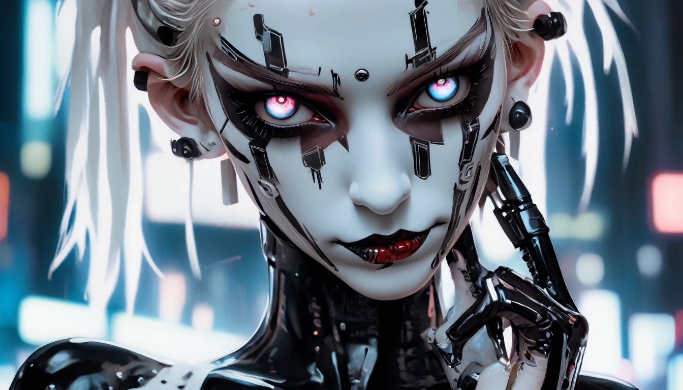 anime artwork, commercial portrait, (full body shot:1.6), cyberpunk style, 1girl, white face paint, black bleeding mascara, perfect anatomy, posing for the camera, stunningly beautiful, perfect face, glowing eyes, intricate details, ultra-realistic, high saturation, cinematic light, 35mm raw photo, nsfw, art by j.c. leyendecker