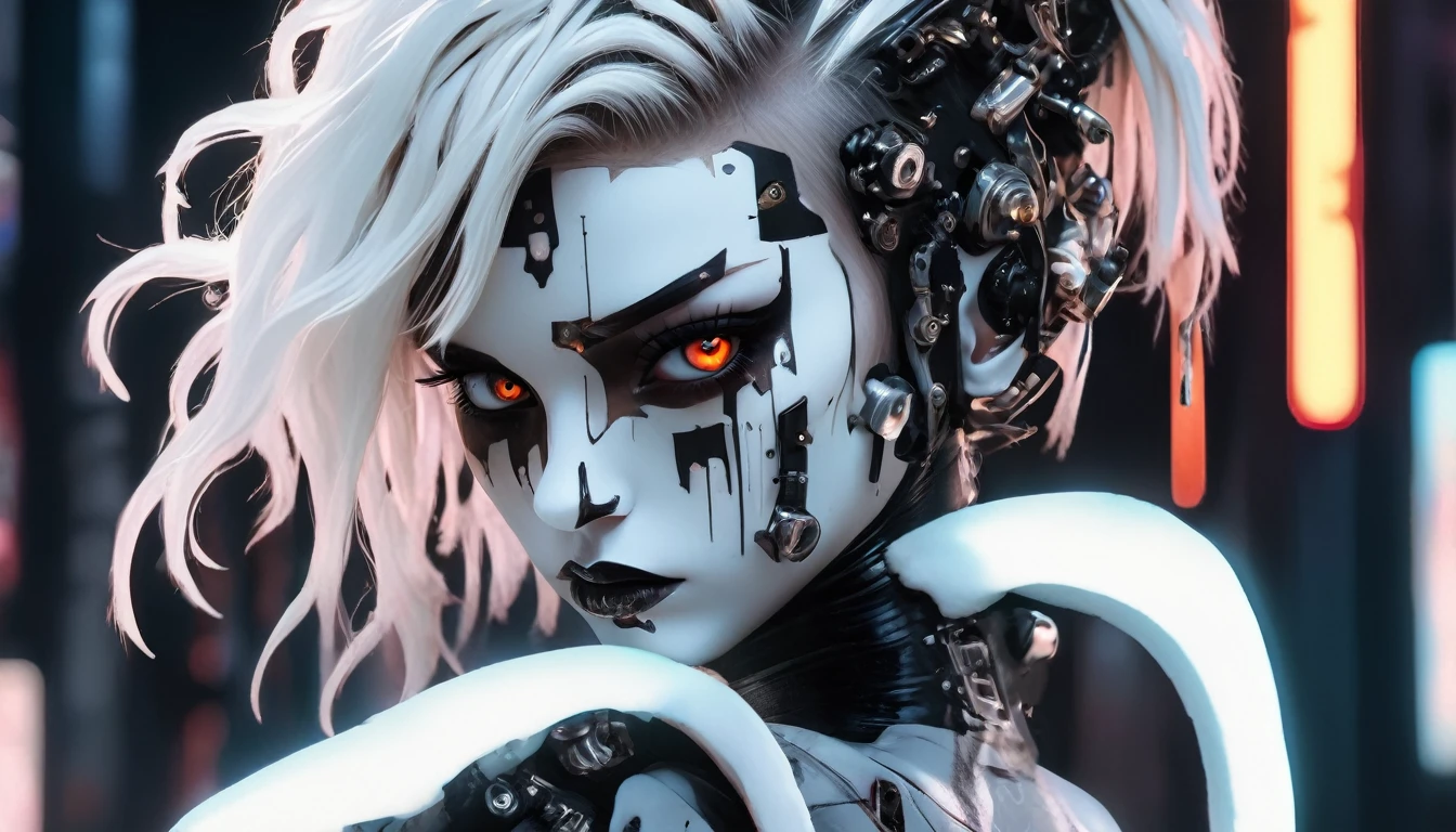 anime artwork, commercial portrait, (full body shot:1.6), cyberpunk style, 1girl, white face paint, black bleeding mascara, perfect anatomy, posing for the camera, stunningly beautiful, perfect face, glowing eyes, intricate details, ultra-realistic, high saturation, cinematic light, 35mm raw photo, nsfw, art by j.c. leyendecker