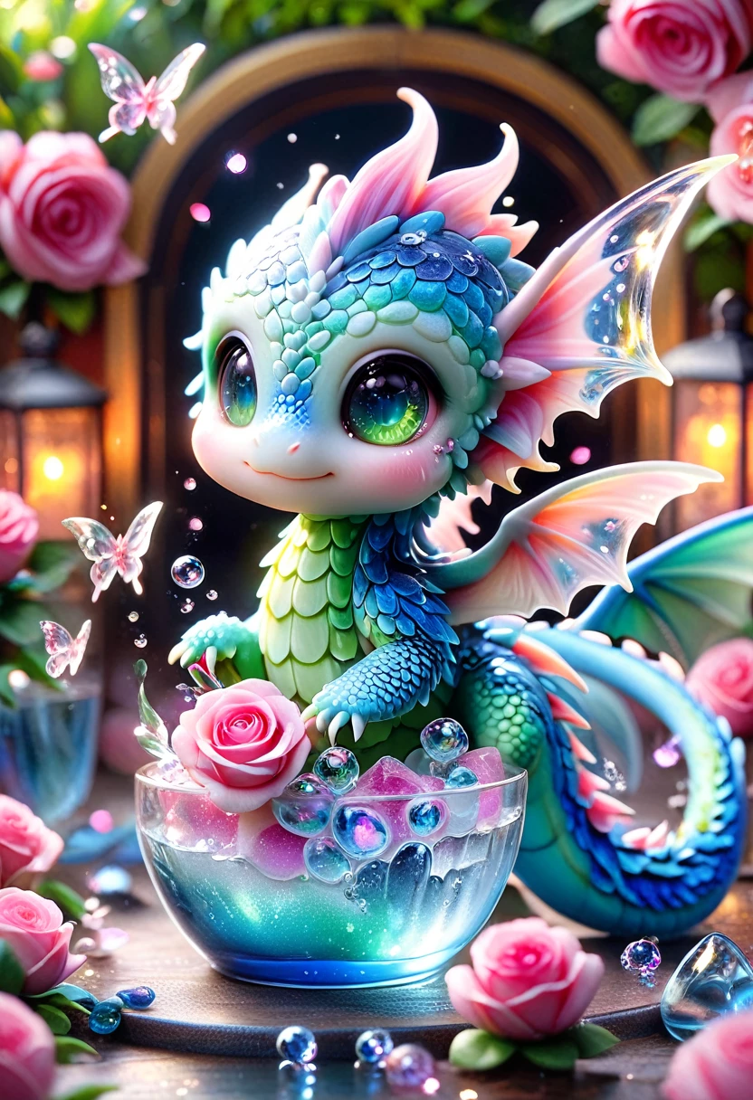 Super detailed, High resolution, High resolution, Absurd, masterpiece,Blue Blue Dragon, Expressive green eyes, Little Dragon, Cute Dragon,Transparent Wings,Glass, pink Sparkling butterflies, Pink Ice, petal, Pink Ice, Glass, roses, water, cute, Sparkling, water辺, Fantasy, Magic