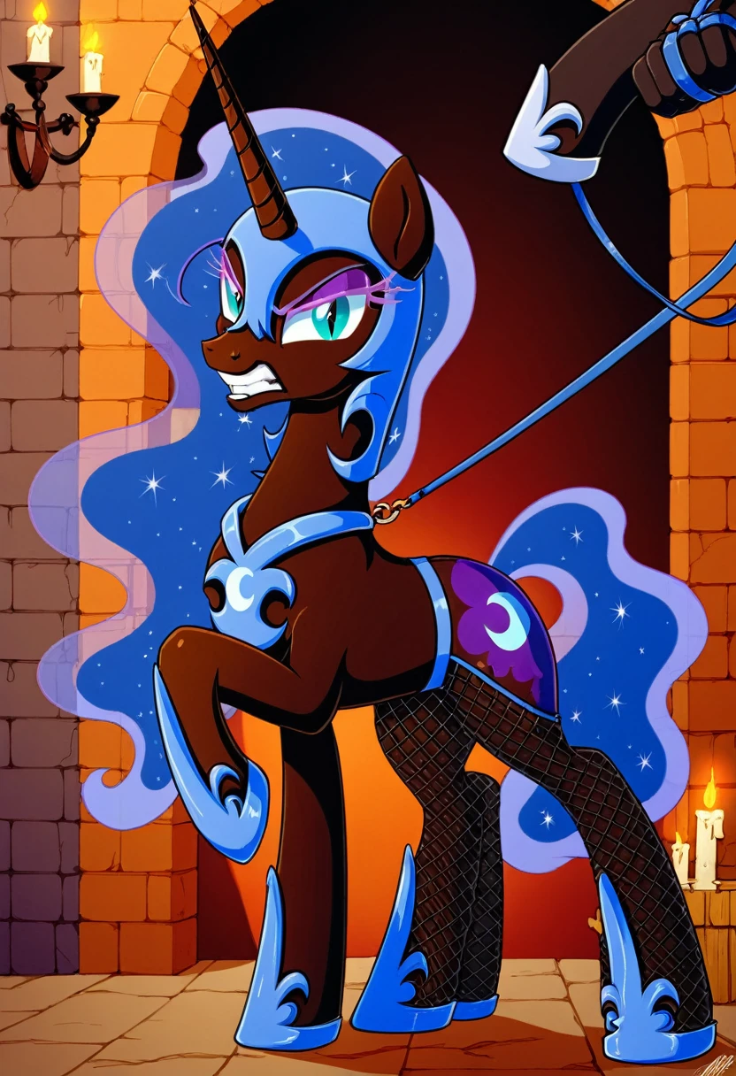 Pony angry nightmare moon in in fishnet tights b locked in a dungeon walks on a leash