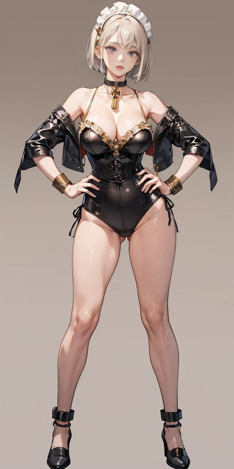 (Masterpiece, plain background:1.2) white short bob hair and skin, purple eyes, thin legs, thin body, leather corset and leather collar choker with golden neck bell, shackles wristbands bracers bracelets sleeves, bikini maid outfit, 1MILFWOMAN BIMBO full body standing symmetrical with both hands on hips, wide hips, view from below
