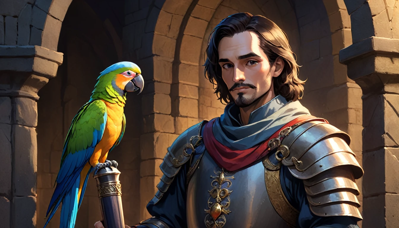 A medieval man, clad in ornate plate armor, stands in profile against a dimly lit stone archway background. He has an air of smug satisfaction, with a condescending smirk playing on his lips as if he's just said something cuttingly witty. He could be casually holding a quill pen as if it were a microphone, having just dropped it after a killer verse. A brightly colored parrot perches on his shoulder, mimicking his smug expression with a tilted head or by holding a tiny scroll in its claws. Use dramatic chiaroscuro lighting, highlighting the man and parrot while the background fades into darkness. This emphasizes the drama and adds to the air of mystery. The overall mood should be darkly humorous, capturing the man's smugness without being overly mean-spirited. The image should be eye-catching and humorous, instantly communicating the idea of a songwriting competition within a medieval setting.