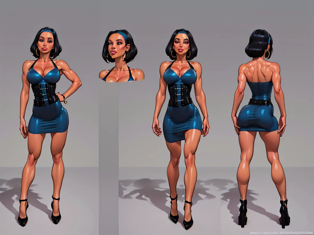 ((masterpiece)),(((Best Quality))),((character design sheet)), ((full body view)) illustration,1 girl, muscular, ((blue fitted dress:1.4)), buttercup, (Blue headband:1.4),(dark black hair:1.3), Blue dress ((detailed face:1.4)) beautiful woman, slippery bobcut, (black corset:1.1)shiny skin, thick legs, scribbles and marks, (swollen lips:1.2), Sketches, pose, 8k,16k, (simple background, White background: 1.3)