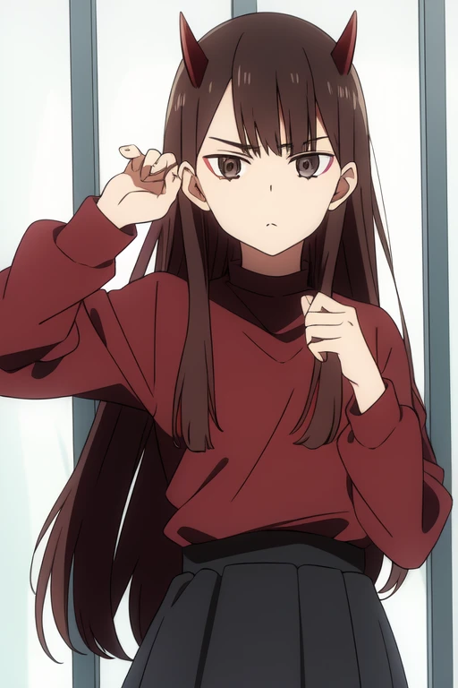 Horikoshi Kouhei, 1 girl, brown hair, brown eyes, cute eyes,long hair, serious, black devil horns.