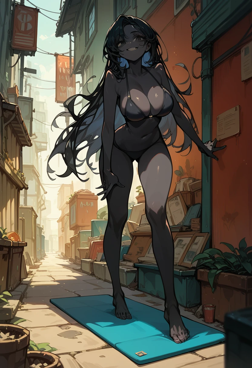 Masterpiece, best quality, Masterpiece, best quality, 1 woman , black skin , long black hair , sly face , smile , black bikini , abdomen, big breasts , Long legs , Barefoot , yoga , Stand on one leg , alley 