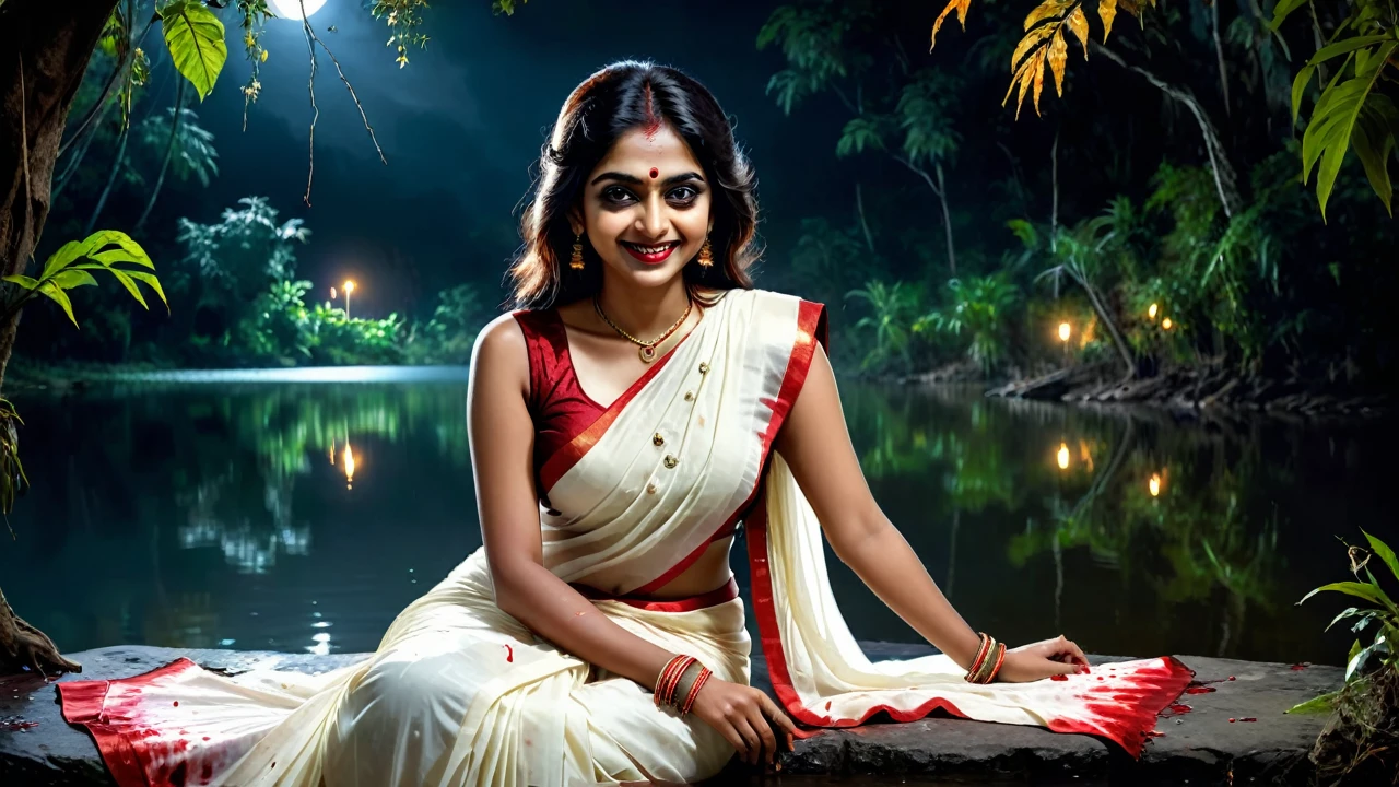 (dark jungle ambience) (horror dark effect) (full body) (scary face) a beautiful indian beautiful ghost girl wearing sleeveless white blood stained saree,  sitting beside a lake, scary bloody face, smiling expression, emotionless, seductive, detailed face, detailed eyes, detailed lips,night lighting 