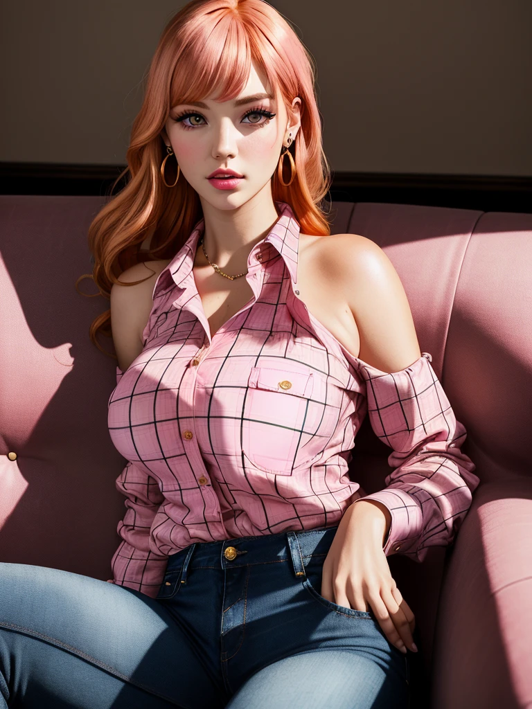 25-year-old woman with European facial features, (((ginger shoulder-length hair))), bangs, makeup, earrings and jewelry, eyelashes, (((pink checkered shirt))), ((busty)), jeans, sitting on the sofa, looking at the viewer , darkened room