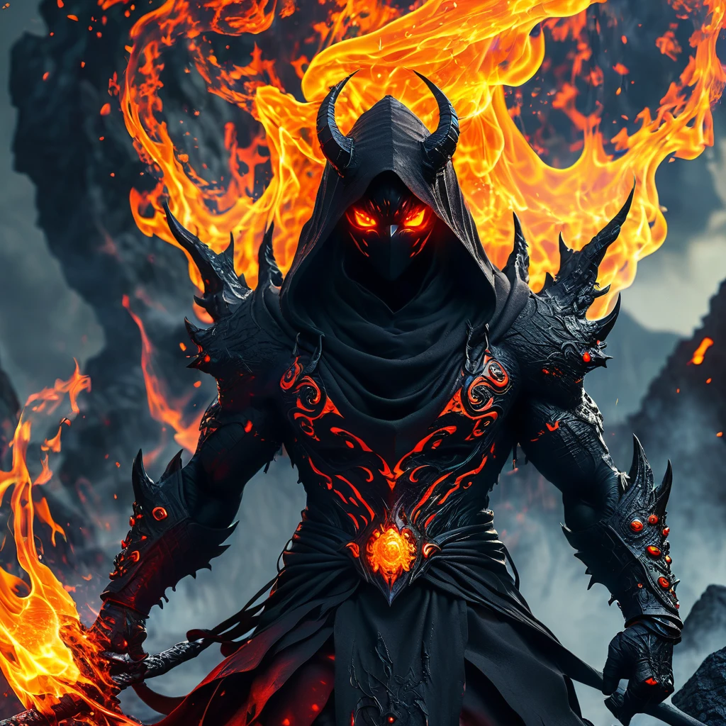 A hooded demon god of dark lava with eyes of fire, in error form, bug texture, informatica, hack, matrix, (((you can&#39;t see his face))), green matrix numbers background